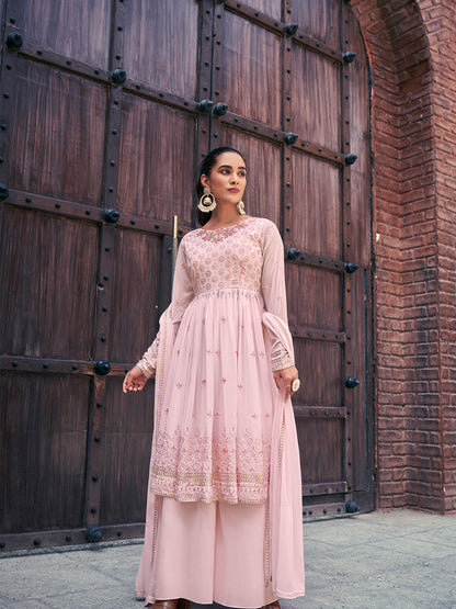Rajwada - Light Pink Georgette Semi Stitched Palazzo Suit