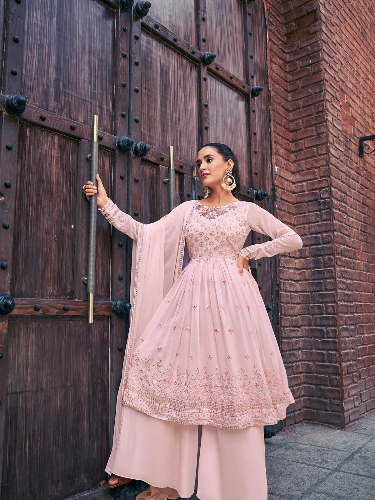 Rajwada - Light Pink Georgette Semi Stitched Palazzo Suit