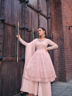 Rajwada - Light Pink Georgette Semi Stitched Palazzo Suit