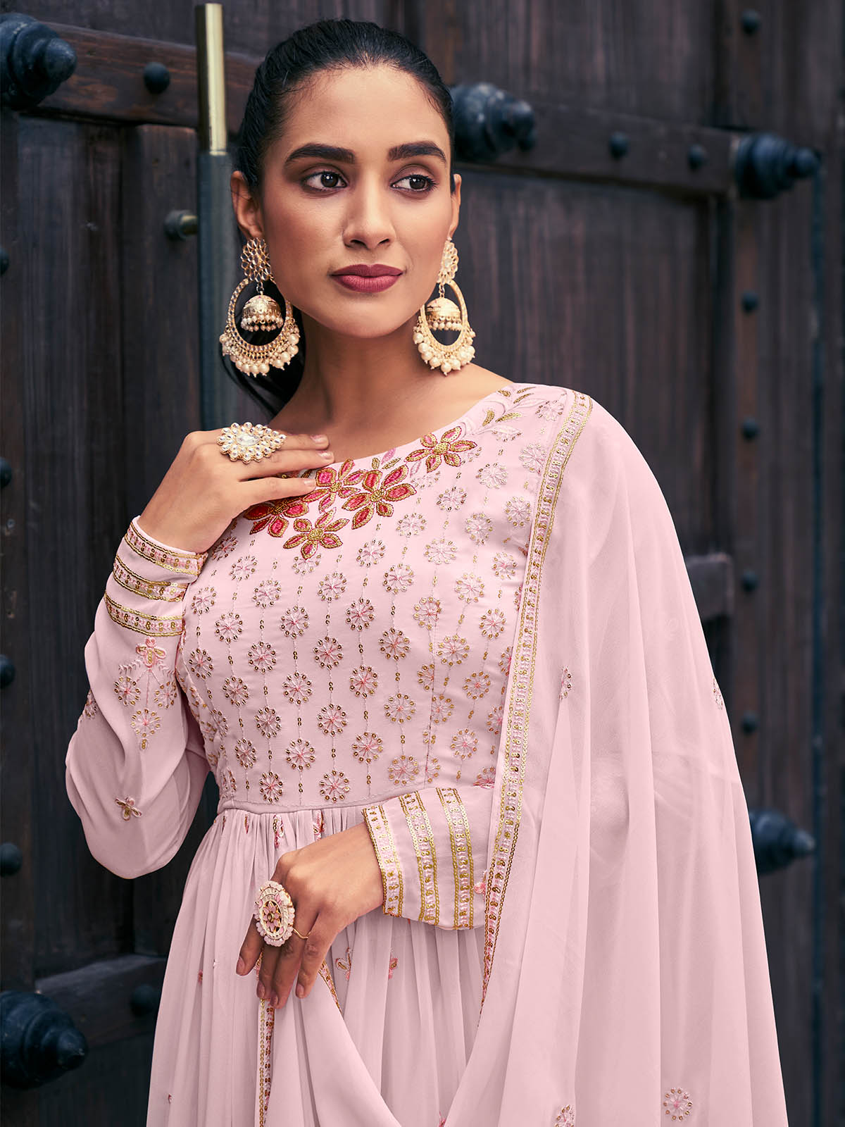 Rajwada - Light Pink Georgette Semi Stitched Palazzo Suit