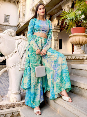 Rajwada - Light Blue Silk Blend Printed Stitched Indo Western Set