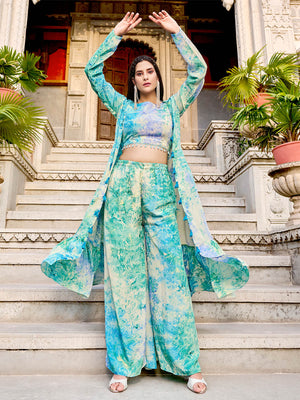 Rajwada - Light Blue Silk Blend Printed Stitched Indo Western Set