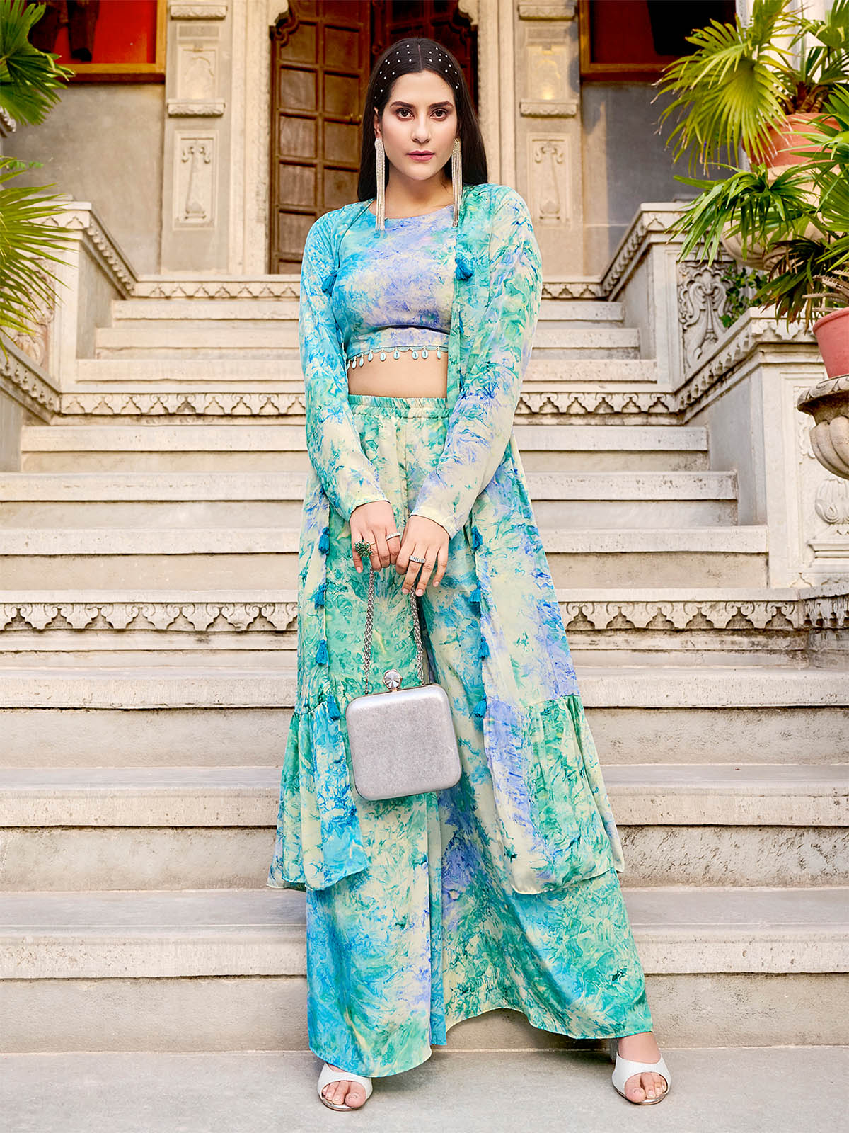 Rajwada - Light Blue Silk Blend Printed Stitched Indo Western Set