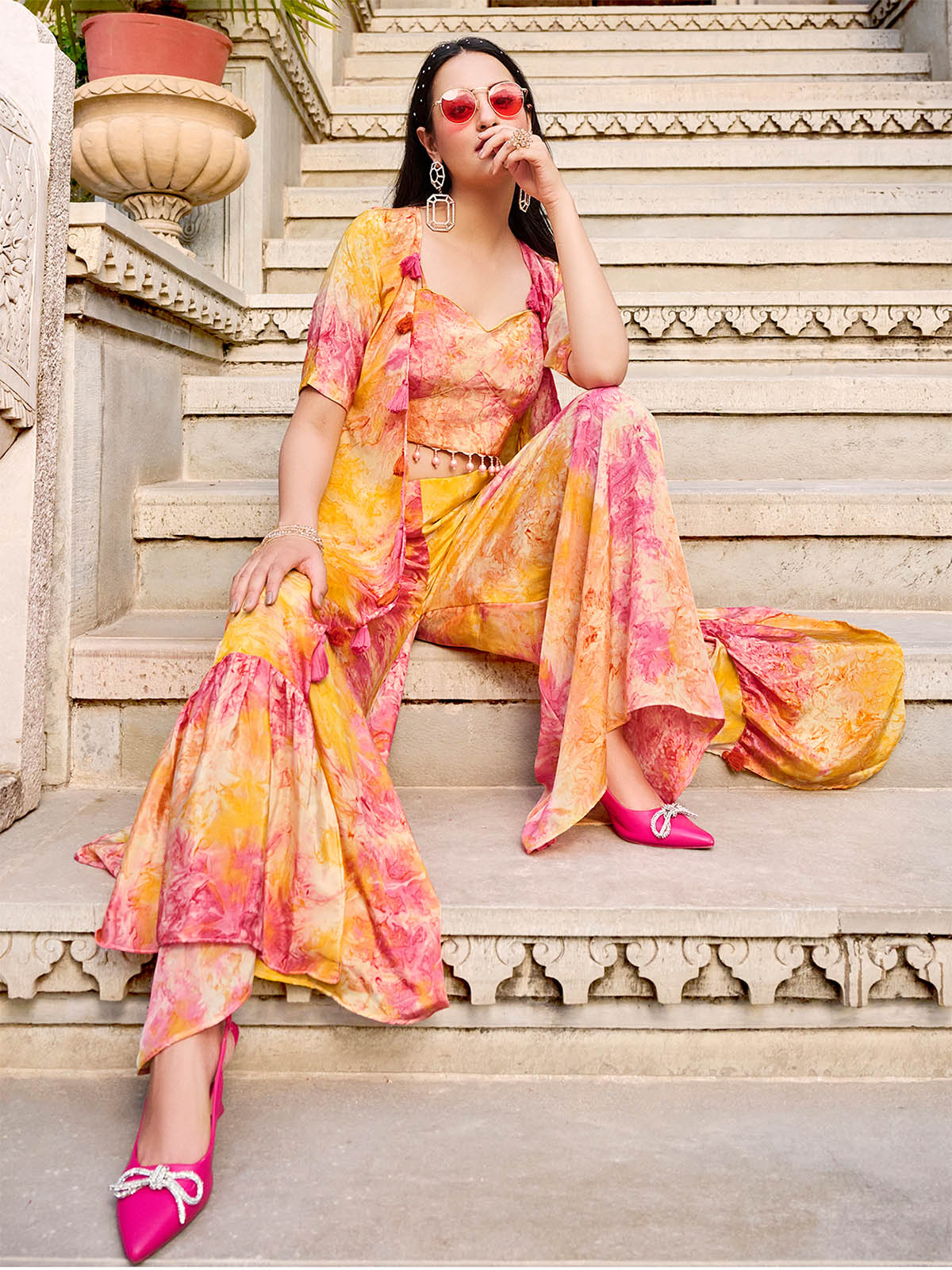Rajwada - Orange Silk Blend Printed Stitched Indo Western Set