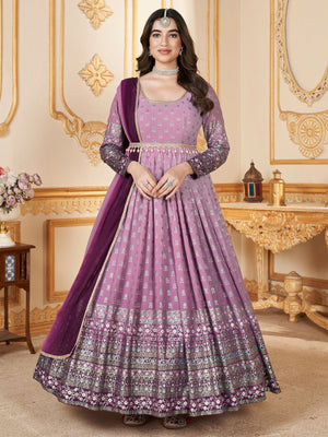 Rajwada Lavender Faux Georgette Metalic Multi Foil Work Stitched Gown With Dupatta For Women