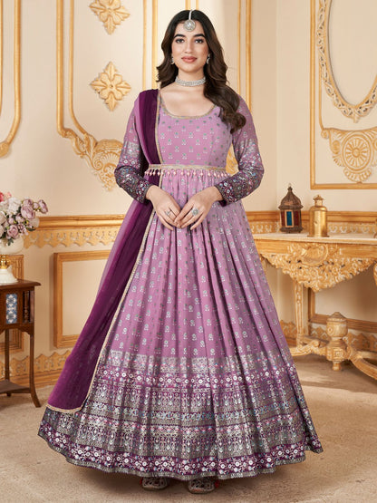 Rajwada Lavender Faux Georgette Metalic Multi Foil Work Stitched Gown With Dupatta For Women
