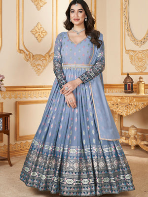 Rajwada Light Blue Faux Georgette Metalic Multi Foil Work Stitched Gown With Dupatta For Women