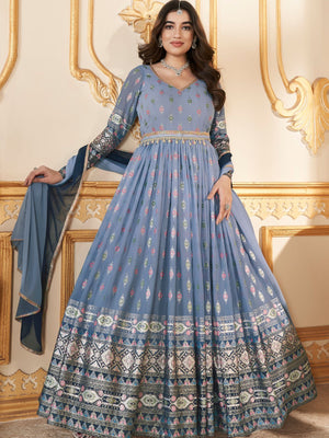Rajwada Light Blue Faux Georgette Metalic Multi Foil Work Stitched Gown With Dupatta For Women