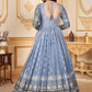 Rajwada Light Blue Faux Georgette Metalic Multi Foil Work Stitched Gown With Dupatta For Women
