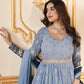 Rajwada Light Blue Faux Georgette Metalic Multi Foil Work Stitched Gown With Dupatta For Women