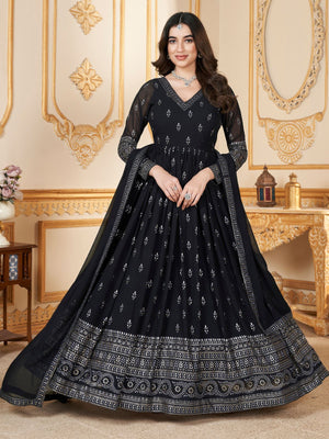 Rajwada Black Faux Georgette Metalic Multi Foil Work Stitched Gown With Dupatta For Women