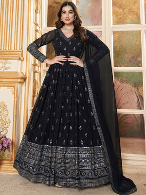 Rajwada Black Faux Georgette Metalic Multi Foil Work Stitched Gown With Dupatta For Women