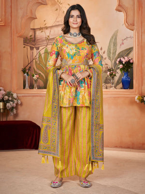 Rajwada Yellow Silk Blend Printed Stitched Kurta Set For Women