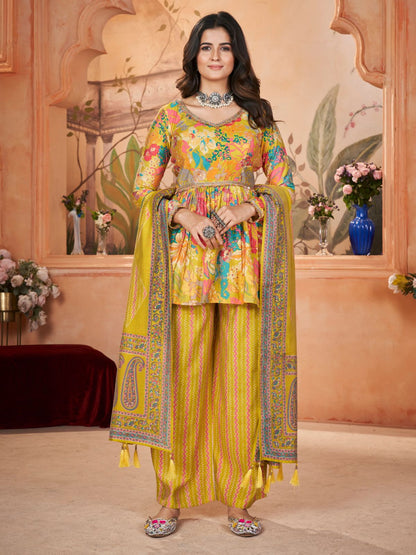Rajwada Yellow Silk Blend Printed Stitched Kurta Set For Women