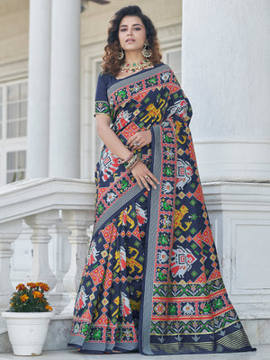 Rajwada Women Festive Designer Dark Blue Saree With Unstitched Blouse