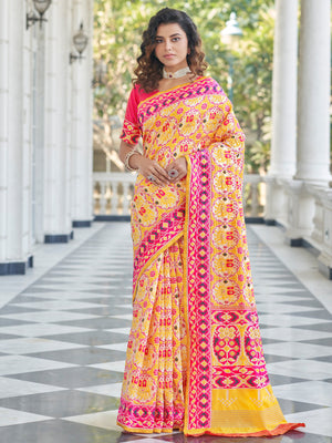 Rajwada Women Festive Designer Yellow Saree With Unstitched Blouse