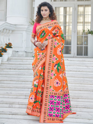 Rajwada Women Festive Designer Orange Saree With Unstitched Blouse