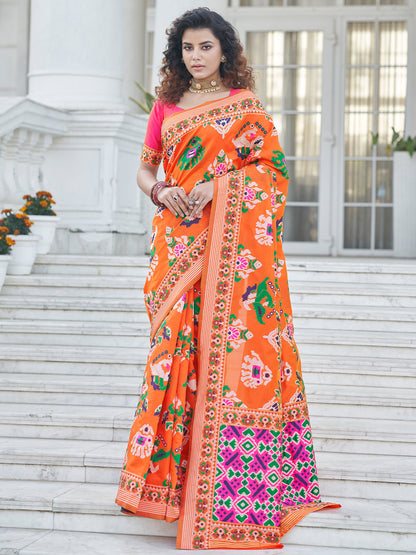 Rajwada Women Festive Designer Orange Saree With Unstitched Blouse