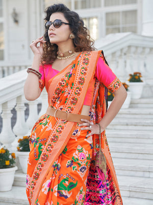 Rajwada Women Festive Designer Orange Saree With Unstitched Blouse