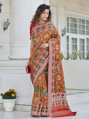 Rajwada Women Festive Designer Orange Saree With Unstitched Blouse