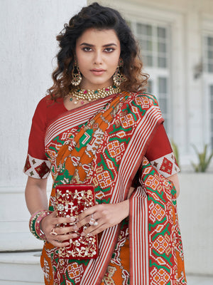 Rajwada Women Festive Designer Orange Saree With Unstitched Blouse