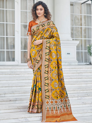 Rajwada Women Festive Designer Mustard Saree With Unstitched Blouse
