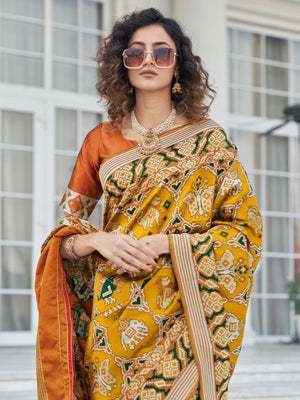 Rajwada Women Festive Designer Mustard Saree With Unstitched Blouse