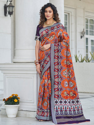 Rajwada Women Festive Designer Orange Saree With Unstitched Blouse