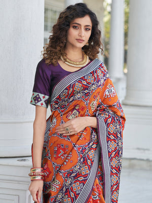 Rajwada Women Festive Designer Orange Saree With Unstitched Blouse