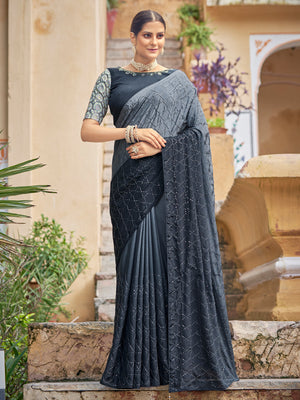 Rajwada Women Festive Designer Dark Blue Saree With Unstitched Blouse