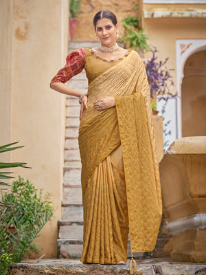 Rajwada Women Festive Designer Mustard Saree With Unstitched Blouse