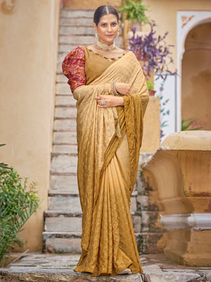 Rajwada Women Festive Designer Mustard Saree With Unstitched Blouse