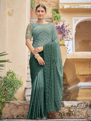 Rajwada Women Festive Designer Teal Saree With Unstitched Blouse