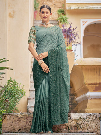Rajwada Women Festive Designer Teal Saree With Unstitched Blouse