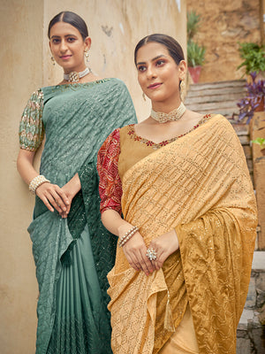 Rajwada Women Festive Designer Teal Saree With Unstitched Blouse