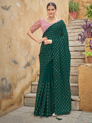 Rajwada Women Festive Designer Green Saree With Unstitched Blouse