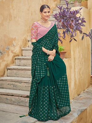 Rajwada Women Festive Designer Green Saree With Unstitched Blouse