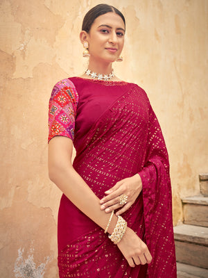 Rajwada Women Festive Designer Magenta Saree With Unstitched Blouse