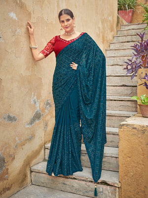 Rajwada Women Festive Designer Teal Saree With Unstitched Blouse