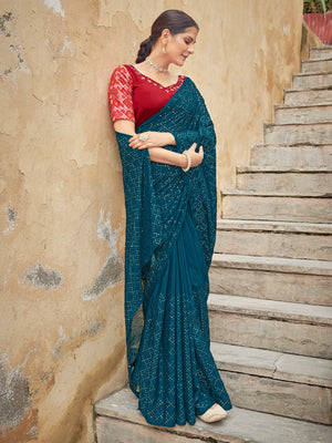 Rajwada Women Festive Designer Teal Saree With Unstitched Blouse