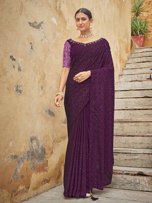 Rajwada Women Festive Designer Violet Saree With Unstitched Blouse