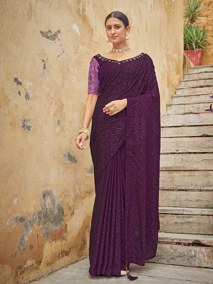 Rajwada Women Festive Designer Violet Saree With Unstitched Blouse
