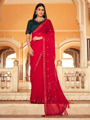 Rajwada Women Designer Red Chinon Saree With Unstitched Blouse