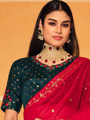 Rajwada Women Designer Red Chinon Saree With Unstitched Blouse