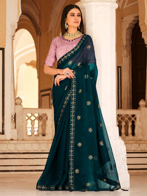 Rajwada Women Classic Teal Chinon Saree With Unstitched Blouse