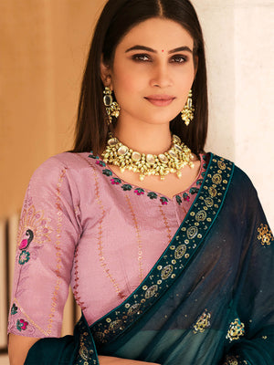 Rajwada Women Classic Teal Chinon Saree With Unstitched Blouse