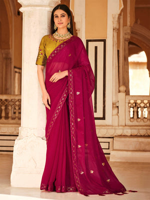 Rajwada Women Magenta Chinon Saree With Unstitched Blouse