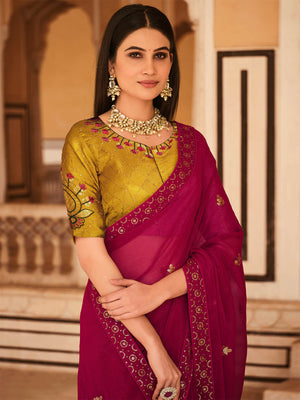 Rajwada Women Magenta Chinon Saree With Unstitched Blouse