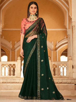 Rajwada Women Green Designer Chinon Saree With Unstitched Blouse