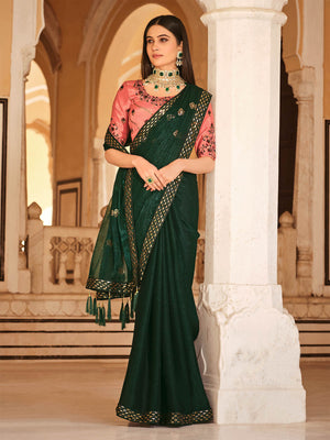 Rajwada Women Green Designer Chinon Saree With Unstitched Blouse